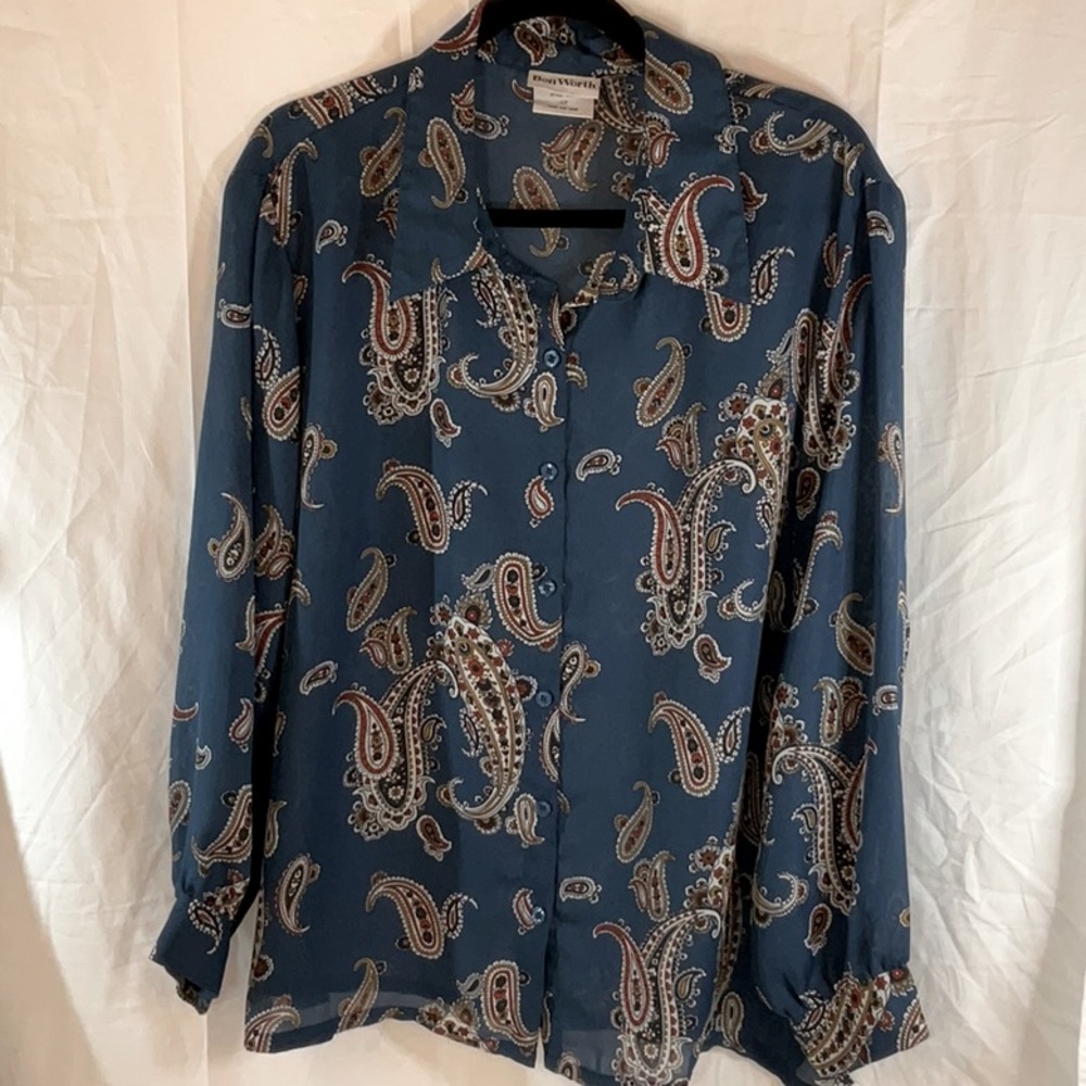 Bon Worth XLP teal button down long sleeve blouse. 100% polyester.